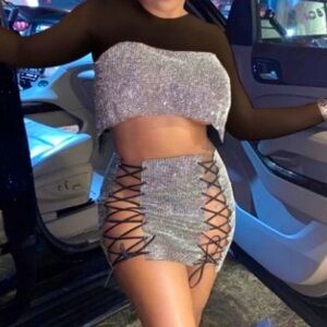 Colorful Sparkles Graphics Black Sheer Long Sleeve Crop Top & Laced Up Skirt set